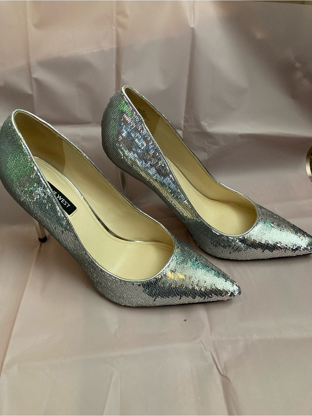 Nine West Iridescent Silver Sequin Pointed Heels